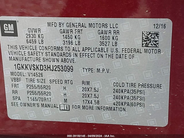 1GKKVSKD3HJ253099 GMC Acadia Limited