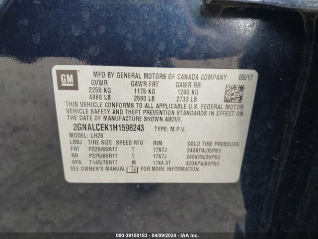 Chevrolet EQUINOX LT 2017 2GNALCEK1H1598243 Image 9