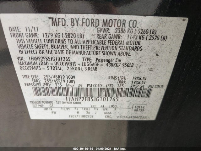 Ford Taurus Limited 2018 1FAHP2F85JG101265 Image 9
