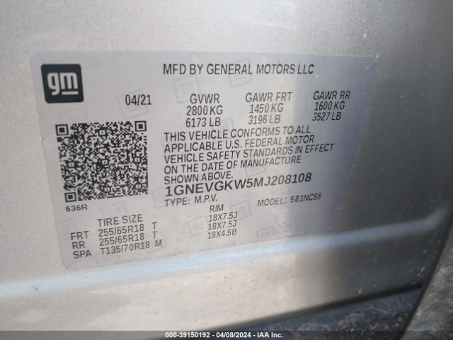 1GNEVGKW5MJ208108 Chevrolet Traverse Awd Lt Cloth