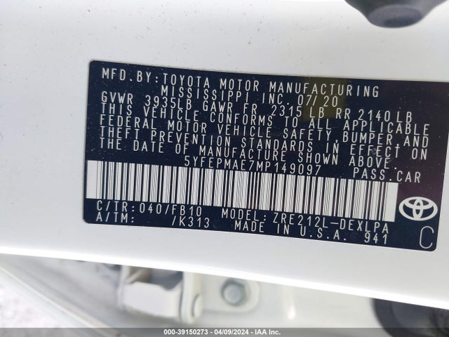 Toyota COROLLA LE 2021 5YFEPMAE7MP149097 Image 9