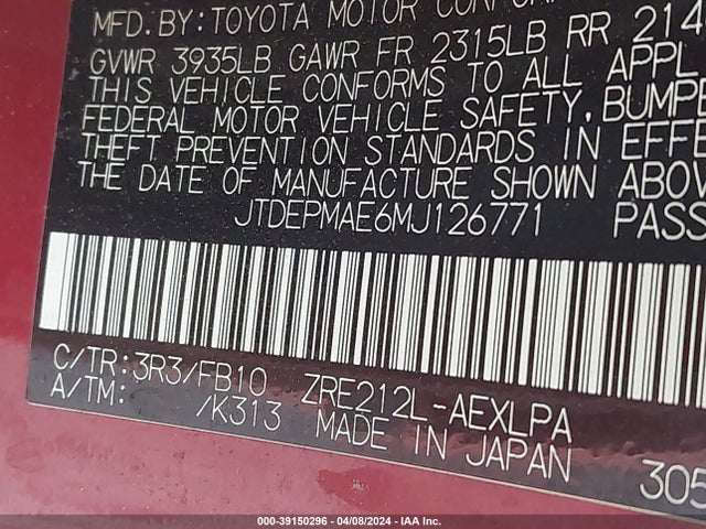 Toyota COROLLA LE 2021 JTDEPMAE6MJ126771 Image 9