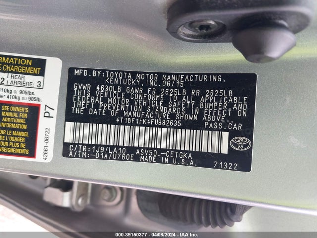 Toyota CAMRY XLE 2015 4T1BF1FK4FU982635 Image 9