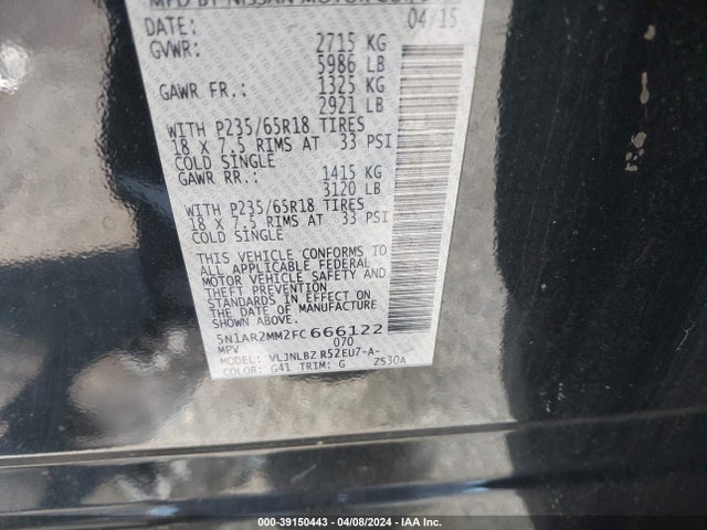 Nissan Pathfinder Platinum/s/sl/sv 2015 5N1AR2MM2FC666122 Image 9