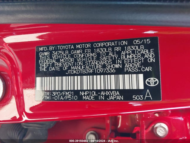 Toyota Prius C Two 2015 JTDKDTB39F1097336 Image 9