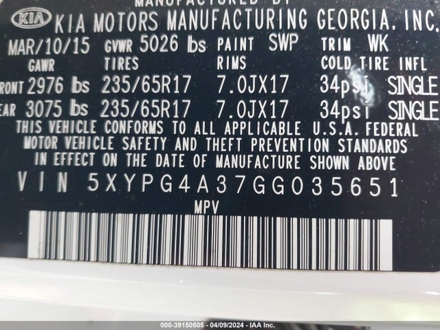 KIA Sorento 2.4l Lx 2016 5XYPG4A37GG035651 Image 9