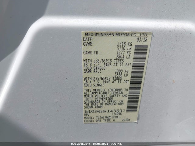 Nissan MURANO S 2018 5N1AZ2MG2JN143691 Image 9