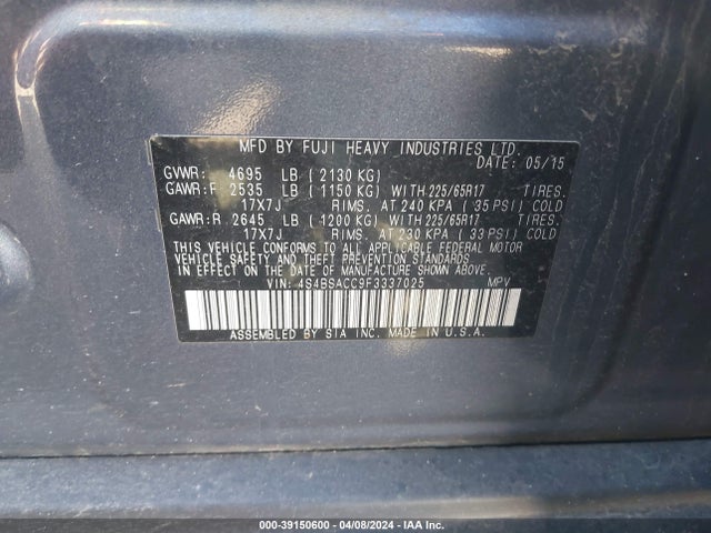 Subaru Outback 2.5i Premium 2015 4S4BSACC9F3337025 Image 9