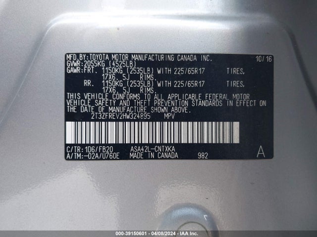 2T3ZFREV2HW324895 Toyota RAV4 LE