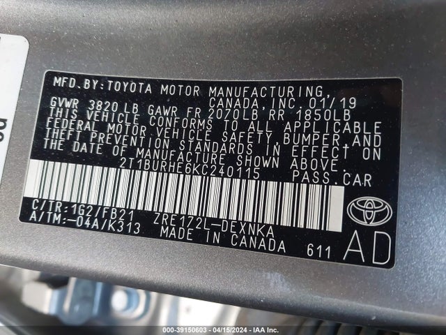 Toyota COROLLA LE 2019 2T1BURHE6KC240115 Image 9