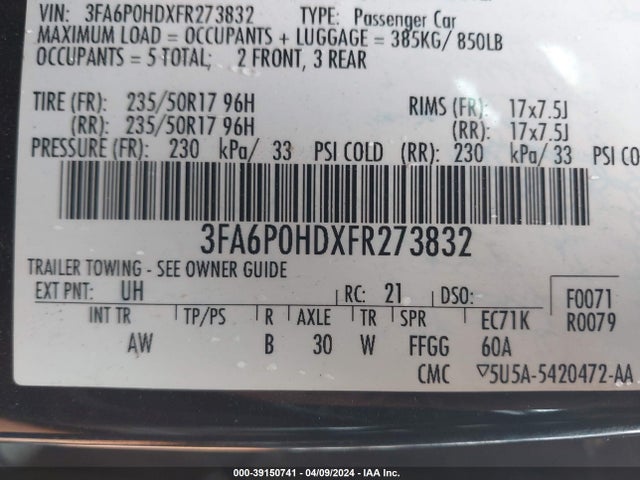 Ford FUSION SE 2015 3FA6P0HDXFR273832 Image 9