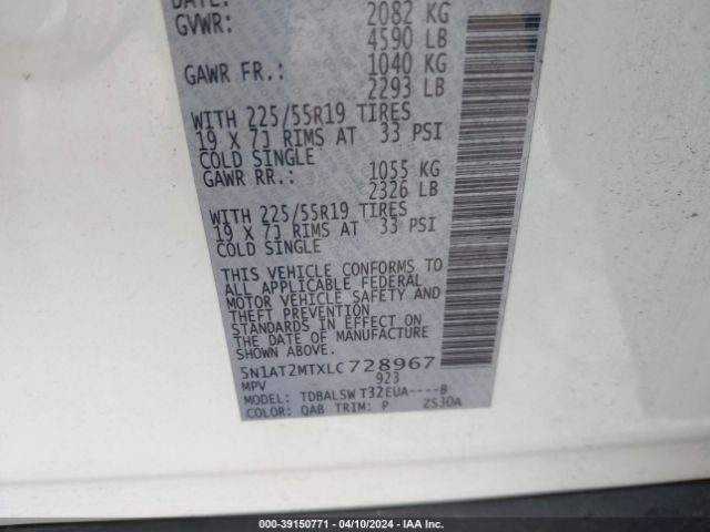 5N1AT2MTXLC728967 Nissan Rogue Sl Fwd