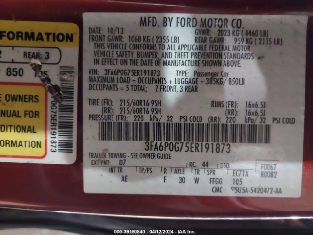 3FA6P0G75ER191873 Ford FUSION S