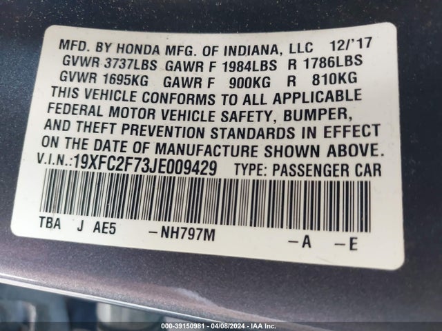 Honda CIVIC EX 2018 19XFC2F73JE009429 Image 9