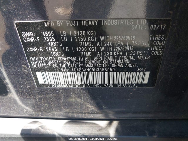 Subaru Outback 2.5i Limited 2017 4S4BSANC9H3355959 Image 9