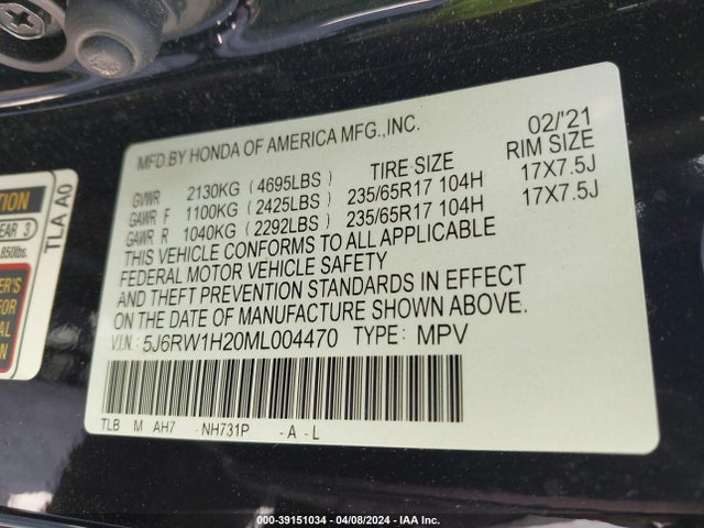 Honda Cr-v 2wd Lx 2021 5J6RW1H20ML004470 Image 9