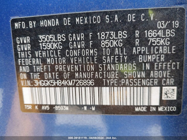 Honda FIT EX 2019 3HGGK5H84KM726896 Image 9