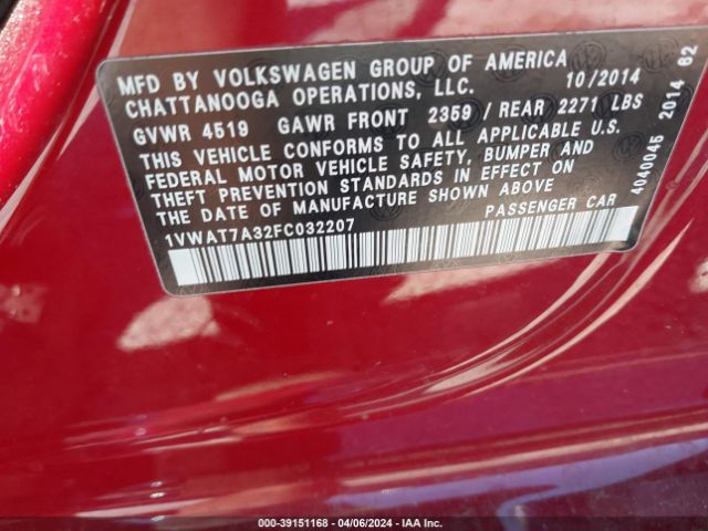 1VWAT7A32FC032207 Volkswagen Passat 1.8t Wolfsburg Edition