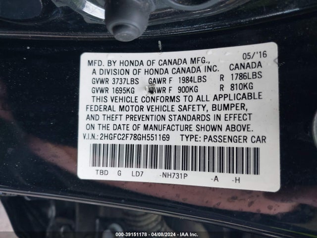 Honda CIVIC EX 2016 2HGFC2F78GH551169 Image 9