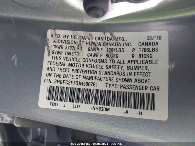 Honda CIVIC EX 2018 2HGFC2F70JH596761 Image 9
