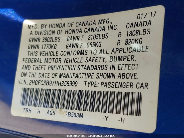 Honda Civic Touring 2017 2HGFC3B97HH356999 Image 9