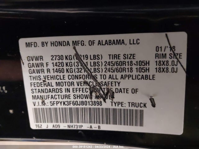 Honda Ridgeline Rtl-t 2018 5FPYK3F60JB013898 Image 9
