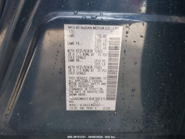5N1AR2MN1FC643035 Nissan Pathfinder Platinum/s/sl/sv