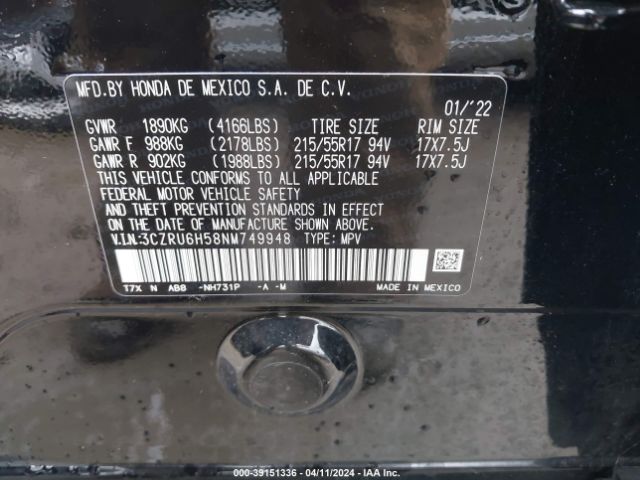 3CZRU6H58NM749948 Honda Hr-v Awd Ex