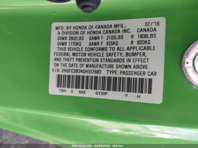 2HGFC3B34GH357683 Honda Civic Ex-t