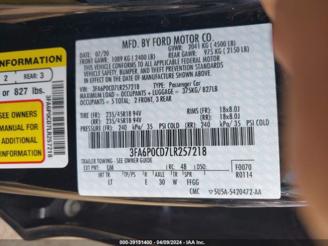 3FA6P0CD7LR257218 Ford FUSION SEL