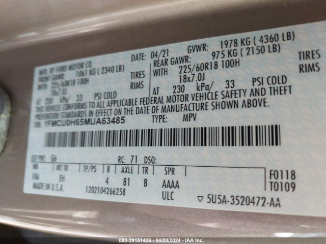 Ford ESCAPE SEL 2021 1FMCU0H65MUA63485 Image 9