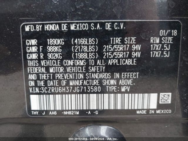 3CZRU6H37JG713580 Honda HR-V LX