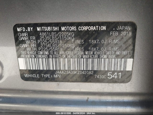 JA4AZ3A39KZ042082 Mitsubishi Outlander Sel