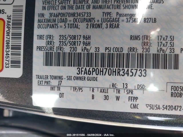 Ford FUSION SE 2017 3FA6P0H70HR345733 Image 9