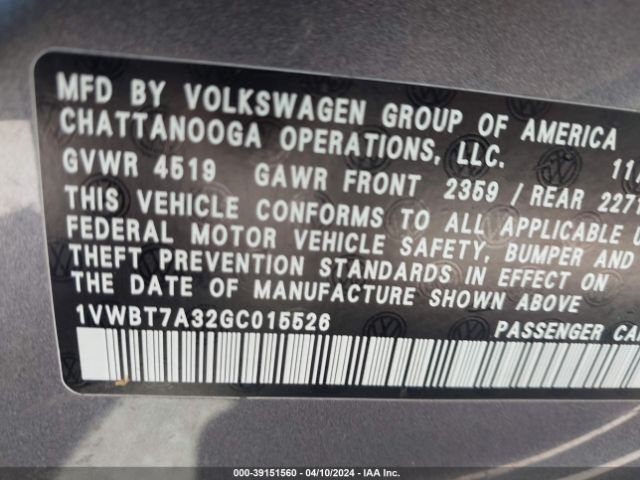 1VWBT7A32GC015526 Volkswagen Passat 1.8t Se
