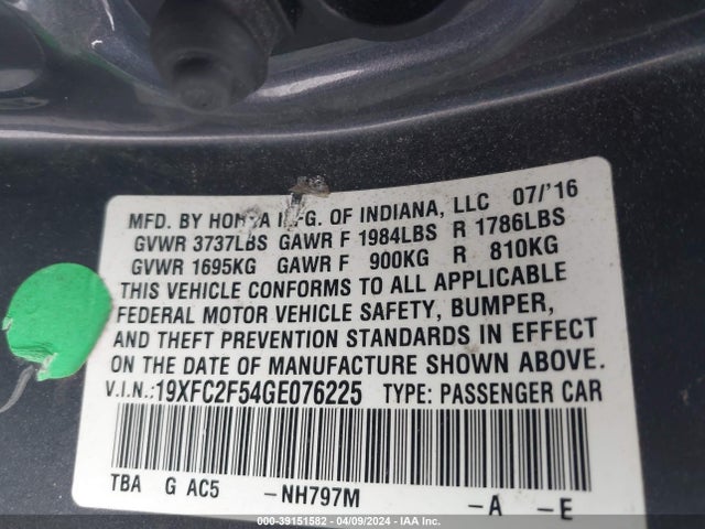 Honda Civic Lx 2016 19XFC2F54GE076225 Image 9