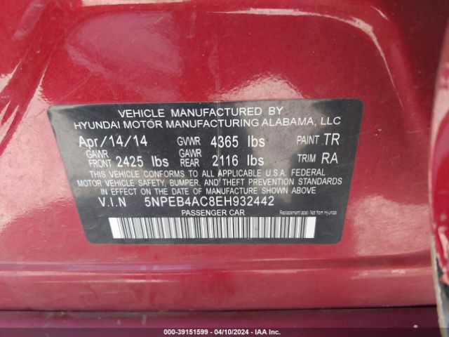 5NPEB4AC8EH932442 Hyundai SONATA GLS