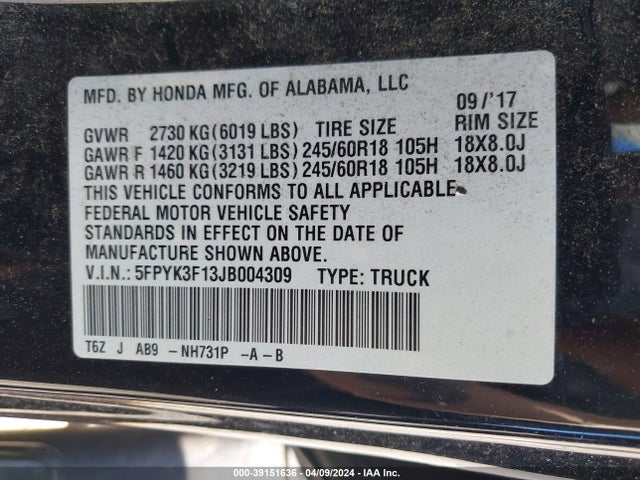 Honda Ridgeline Sport 2018 5FPYK3F13JB004309 Image 9