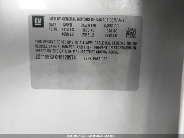 Chevrolet IMPALA 1LT 2017 2G1105SAXH9128974 Image 9