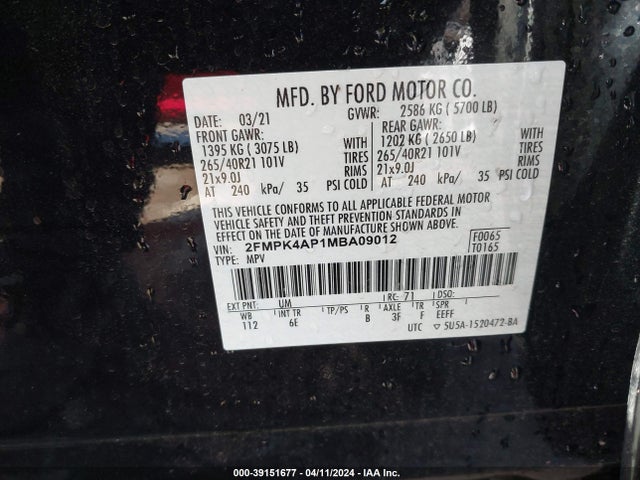 Ford EDGE ST 2021 2FMPK4AP1MBA09012 Image 9