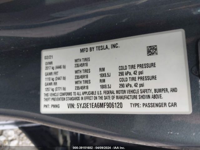 5YJ3E1EA6MF906120 Tesla Model 3 Standard Range Plus Rear-wheel Drive