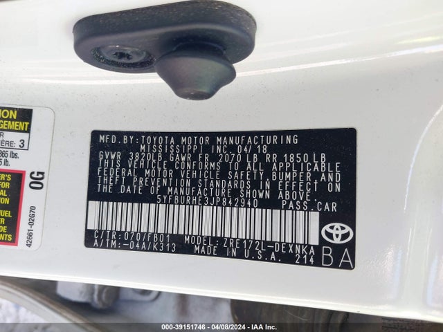 Toyota COROLLA LE 2018 5YFBURHE3JP842940 Image 9