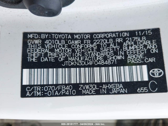 Toyota Prius Two 2015 JTDKN3DU4F0484871 Image 9