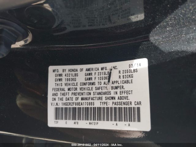 1HGCR2F88EA170895 Honda Accord Ex-l