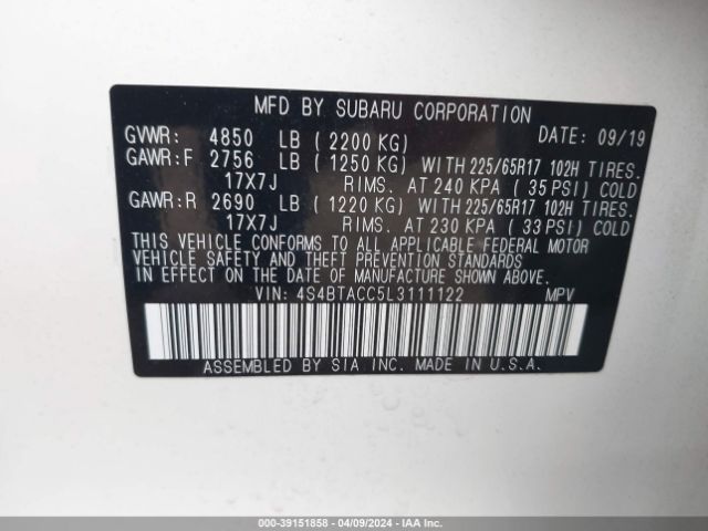 4S4BTACC5L3111122 Subaru Outback Premium