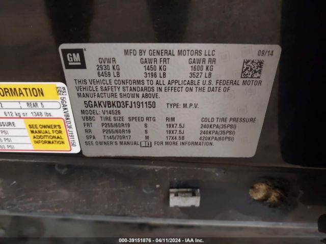 5GAKVBKD3FJ191150 Buick Enclave Leather