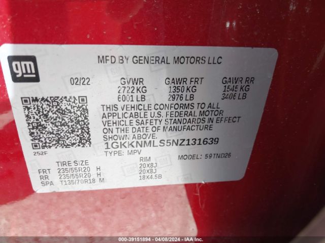 1GKKNMLS5NZ131639 GMC Acadia Fwd Slt