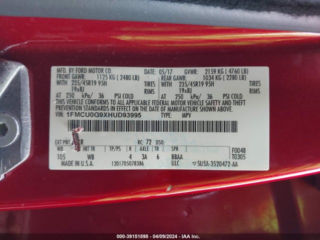 Ford ESCAPE SE 2017 1FMCU0G9XHUD93995 Image 9