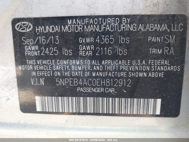 Hyundai SONATA GLS 2014 5NPEB4AC0EH812912 Image 9