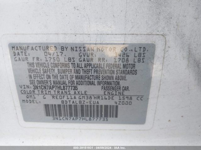 3N1CN7AP7HL877735 Nissan Versa 1.6 Sv